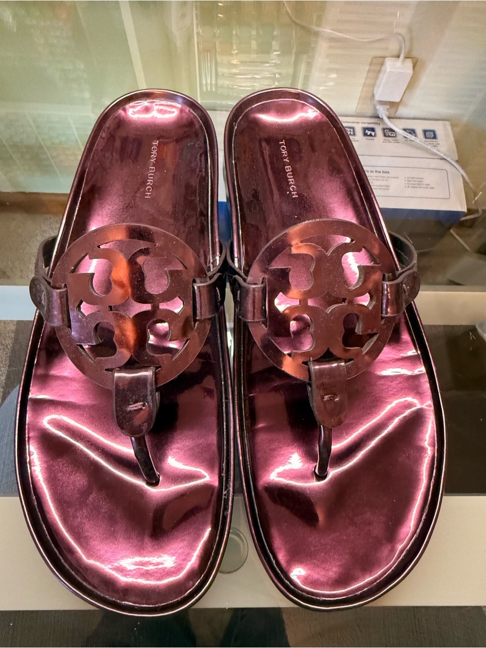 Tory Burch Metallic Plum Logo Thong Sandals - Plum
